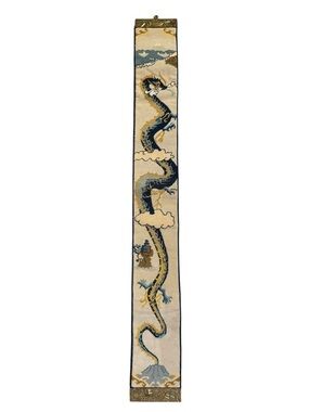 Vintage Asian Chinese Needlepoint Hanging Dragon Wall Art 60”x 7” Tapestry Brass